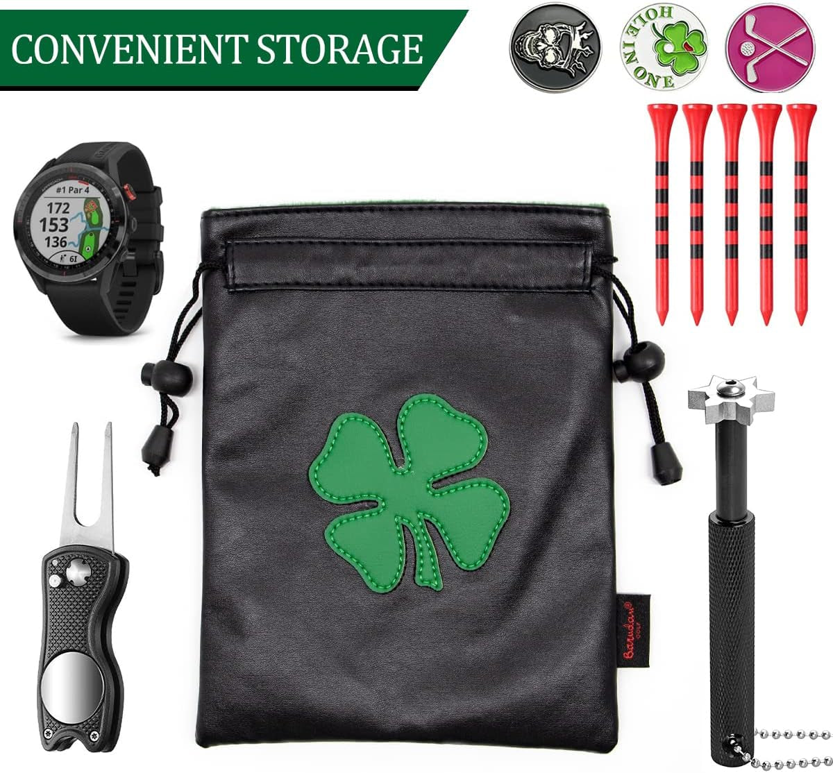 Golf Valuables Pouch,Golf Bag Pouch with Drawstrings Leather Tee Pouchs Bag for Men Women